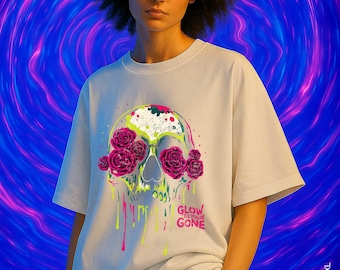 Neon Skull Rose T-Shirt - UNISEX Gothic Streetwear Oversized Tee, Psychedelic Skull Shirt, Grunge Halloween Outfit, Festival Rave t shirt