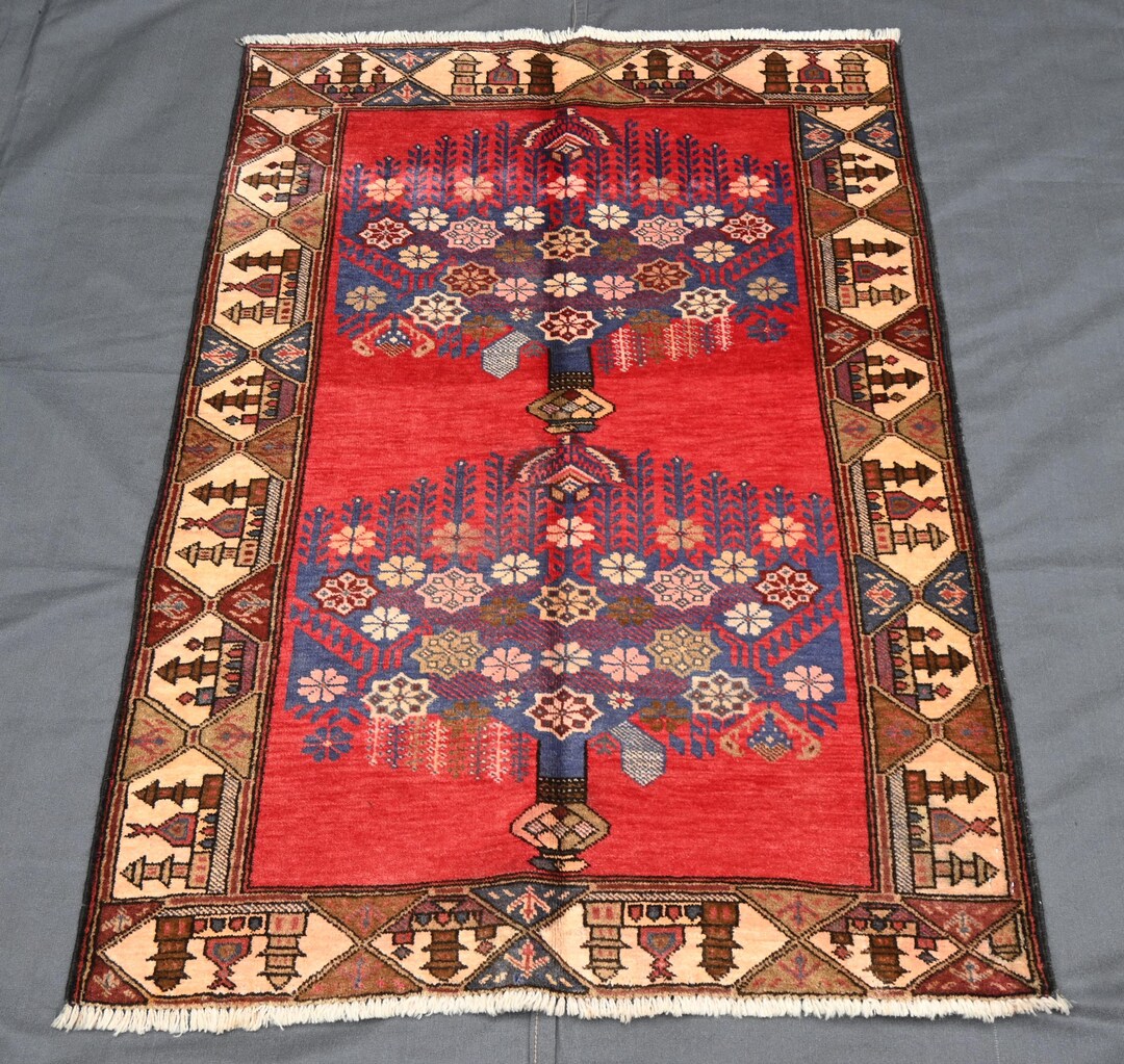 Afghan Red Vintage Pictorial Pot Design Rug, 2'11 X 4'3 Ft Handmade ...