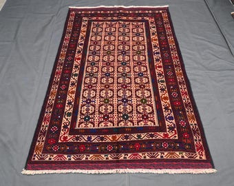 ヴィンテージ アフガニスタン バルーチ ラグ：4x7 レッド、ブルー