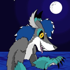 May include: A 2 oz bottle label featuring a cartoon wereshark with grey and teal fur, blue hair, and yellow eyes emerging from dark blue water under a full moon. The text reads Night of the Wereshark and Night Air + Sea Salt Scented Fursuit and Costume Spray.