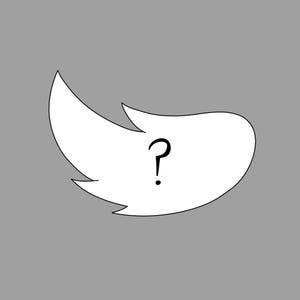 May include: A white, stylized, flame-shaped graphic element with a black outline and a black question mark symbol centered within the shape. The design features pointed, curved edges on the left side and a rounded, smooth edge on the right side.