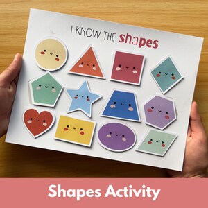 May include: A white educational activity sheet titled I KNOW THE SHAPES featuring twelve colourful geometric shapes including a circle, triangle, square, diamond, pentagon, star, trapezoid, hexagon, heart, rectangle, oval, and parallelogram with faces.