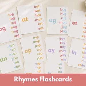 以下が含まれることがあります： 単語ファミリーと韻を踏むパターンが書かれた教育用フラッシュカードのセット。各白いカードには、パステルカラーで太字のルートサウンドが大きく表示され、その後にcat, bat, hat, mat, rat, sat, dog, fog, log, hog, frog, jog, bug, hug, rug, mug, jug, plug, pet, jet, net, wet, set, vet, can, fan, man, pan, ran, van, hop, mop, pop, top, cop, stop, day, bay, hay, may, play, say, pin, win, bin, fin, tin, chin, cap, map, nap, sit, fit, hitといった韻を踏む単語のリストが縦に並んでいます。