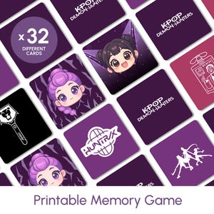 Op de afbeelding: Een verzameling van 32 vierkante kaarten met illustraties en tekst, voornamelijk paars en wit. De kaarten zijn gelabeld met "KPOP DEMON HUNTERS" en "HUNTRAX", met cartoonkarakterontwerpen. De woorden "Printable Memory Game" staan onderaan.