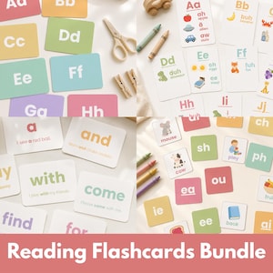 May include: A collection of educational reading flashcards featuring letters of the alphabet, phonics, and sight words. The cards are printed in various pastel colors and include simple illustrations and text to assist with early childhood literacy.