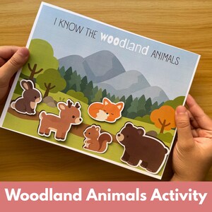 May include: A rectangular activity sheet featuring the text I KNOW THE WOODLAND ANIMALS at the top. The illustration depicts a mountain landscape with green trees and cut-out style figures of a rabbit, deer, fox, squirrel, and bear.