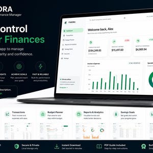 Peut inclure: Un ordinateur portable affichant l'interface du gestionnaire de finances personnelles Finora, avec un tableau de bord présentant des graphiques financiers, des revenus, des dépenses et des économies. L'écran affiche Take Control of Your Finances.