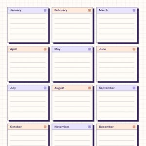 May include: A 'Year in Review' planner with a grid background. The title 'Year in Review' is at the top. Twelve boxes are arranged in rows of three, each labelled with a month. Each box has lines for writing.