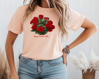 ハッピーバレンタインデー 赤いバラの花束、ロマンチックなバレンタインシャツ、バレンタインTシャツ、バレンタインセーター、バラの花束スウェットシャツ、バレンタインデー