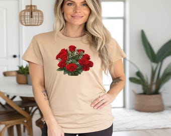 赤いバラの花束、ロマンチックなバレンタインのバラ、バレンタインデーのTシャツ、バラの花束のTシャツ、レディースTシャツ、ガーレンタインデーのシャツ、花柄Tシャツ