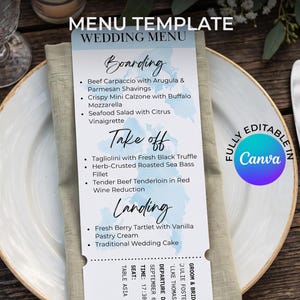 May include: A boarding pass style wedding menu template with a light blue world map background. The text includes sections for Boarding, Take off, and Landing with food items listed. It also features event details like date, time, and names.