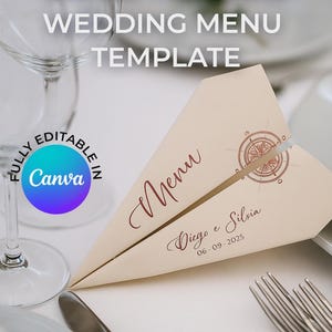Op de afbeelding: Een crèmekleurige menukaart voor een bruiloft in de vorm van een papieren vliegtuigje met een bruine kompasafbeelding, het woord Menu, de namen Diego e Silvia en de datum 06-09-2025. De tekst PAPER AIRPLANE WEDDING MENU TEMPLATE en een Canva-logo zijn zichtbaar.