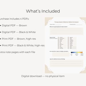 K&ouml;nnte beinhalten: Ein digitaler Download mit beigem Hintergrund. Das Bild enth&auml;lt ein Reflexionsformular f&uuml;r Therapiesitzungen und eine Liste der enthaltenen PDFs: Braun, Schwarzwei&szlig; und hochaufl&ouml;sende Druckversionen. Der Text lautet &bdquo;Was ist enthalten&ldquo;.