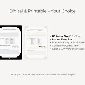 K&ouml;nnte beinhalten: Ein digitales und druckbares Reflexionsformular f&uuml;r Therapiesitzungen. Das Bild zeigt ein schwarzes Tablet mit dem angezeigten Formular und eine gedruckte Version. Der Text enth&auml;lt "Digital & Printable - Your Choice" und "US Letter Size (21,6 x 27,9 cm)".
