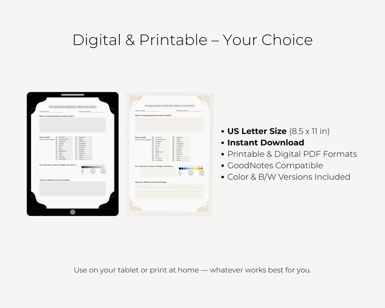 K&ouml;nnte beinhalten: Ein digitales und druckbares Reflexionsformular f&uuml;r Therapiesitzungen. Das Bild zeigt ein schwarzes Tablet mit dem angezeigten Formular und eine gedruckte Version. Der Text enth&auml;lt "Digital & Printable - Your Choice" und "US Letter Size (21,6 x 27,9 cm)".
