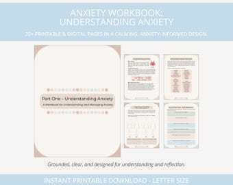 Könnte beinhalten: Ein digitales Arbeitsbuch mit dem Titel "Anxiety Workbook: Understanding Anxiety" mit einem beruhigenden Design. Das Arbeitsbuch enthält über 20 druckbare und digitale Seiten. Das Cover zeigt den Text "Part One - Understanding Anxiety".