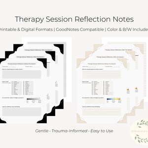 May include: A stack of white therapy session reflection notes with black corner accents. The notes include prompts for reflection before and after sessions. Text on the image reads "Therapy Session Reflection Notes" and "Gentle - Trauma-Informed - Easy to Use."