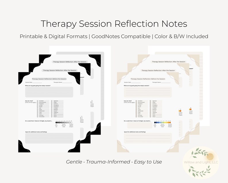 K&ouml;nnte beinhalten: Ein Stapel wei&szlig;er Notizen zur Reflexion von Therapiesitzungen mit schwarzen Eckakzenten. Die Notizen enthalten Aufforderungen zur Reflexion vor und nach den Sitzungen. Der Text auf dem Bild lautet "Therapy Session Reflection Notes" und "Gentle - Trauma-Informed - Easy to Use."