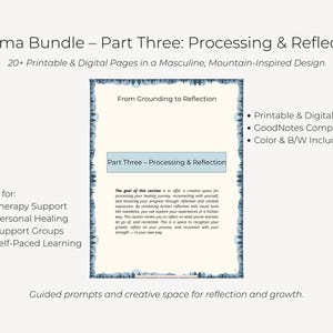Puede incluir: Una descarga digital titulada "Trauma Bundle - Part Three: Processing & Reflection". El diseño presenta un borde azul claro y blanco con el texto "From Grounding to Reflection" y "Part Three - Processing & Reflection."