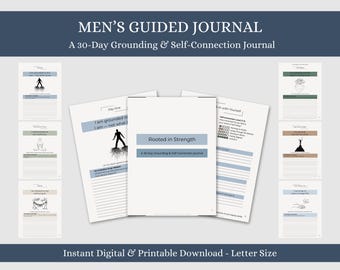 Könnte beinhalten: Ein weißes Journal mit dem Titel "MEN'S GUIDED JOURNAL" und dem Untertitel "A 30-Day Grounding & Self-Connection Journal." Das Journal enthält Strichzeichnungen und Text, darunter "Rooted in Strength" und "Instant Digital & Printable Download - Letter Size."