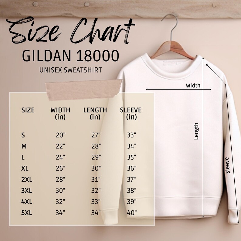 K&ouml;nnte beinhalten: Ein wei&szlig;es Gildan 18000 Unisex-Sweatshirt h&auml;ngt an einem Holzb&uuml;gel. Eine Gr&ouml;&szlig;entabelle zeigt die Ma&szlig;e in Zoll f&uuml;r Breite, L&auml;nge und &Auml;rmell&auml;nge. Gr&ouml;&szlig;en von S bis 5XL. Klassischer Rundhalsausschnitt.
