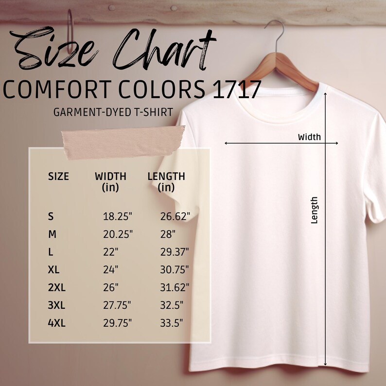K&ouml;nnte beinhalten: Ein wei&szlig;es Comfort Colors 1717-T-Shirt, das an einem Holzb&uuml;gel h&auml;ngt. Eine Gr&ouml;&szlig;entabelle zeigt die Ma&szlig;e in Zoll f&uuml;r die Gr&ouml;&szlig;en S bis 4XL, einschlie&szlig;lich Breite und L&auml;nge.