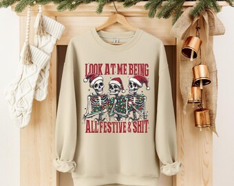 Festive Skeleton Christmas Sweatshirt, Funny Holiday Pullover