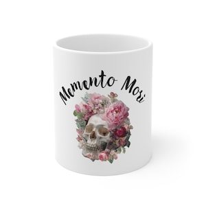 Floral Skull Mug, Gothic Ceramic Coffee Cup with Memento Mori Design, Dark Retro Skeleton Gift for Skull Lovers, Halloween Decor