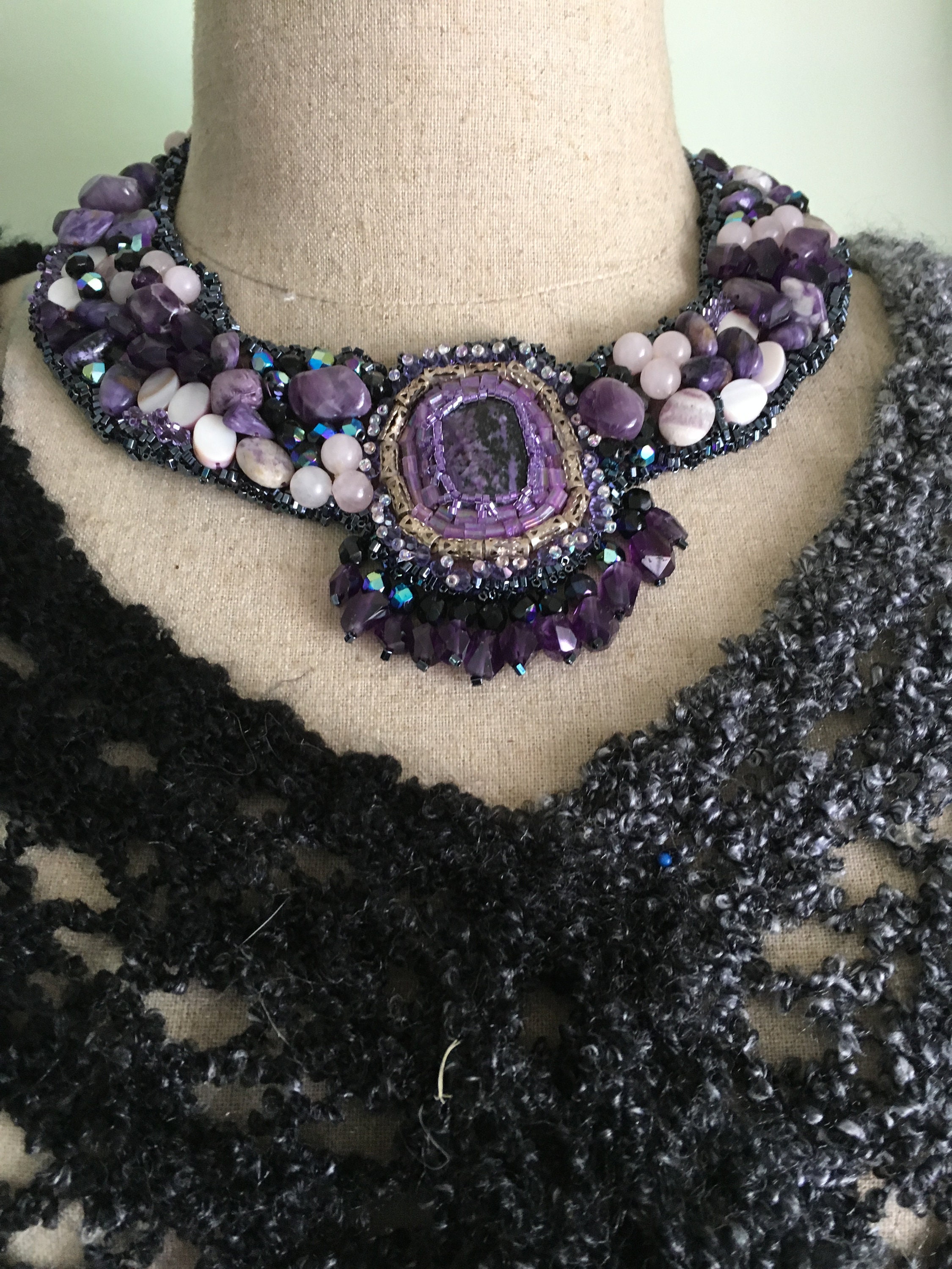 Bead Embroidered Collar Necklace Charoite Amethyst | Etsy