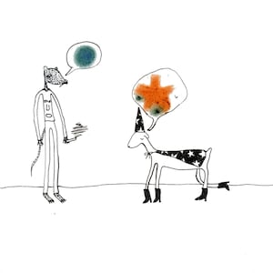 Puede incluir: Ilustración caprichosa en blanco y negro con dos figuras antropomórficas. Una, un personaje parecido a una rata, sostiene un objeto pequeño. La otra, una figura parecida a una cabra, lleva una capa con estrellas y botas, con un bocadillo encima.