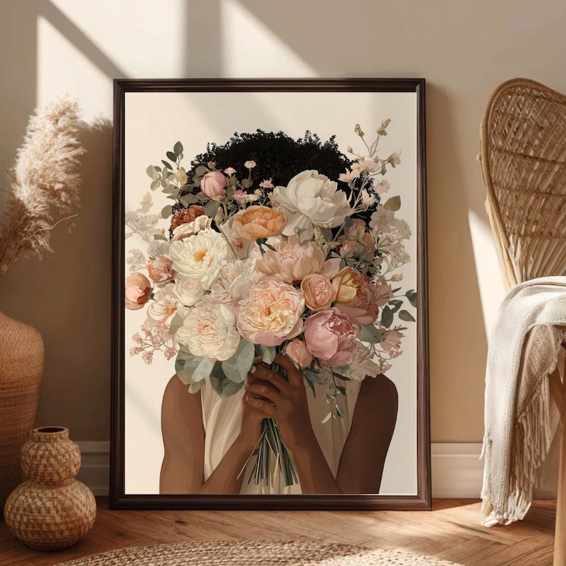 Blomtryck av svart kvinna, illustration med feminin bukett (digital nedladdning) bild 11