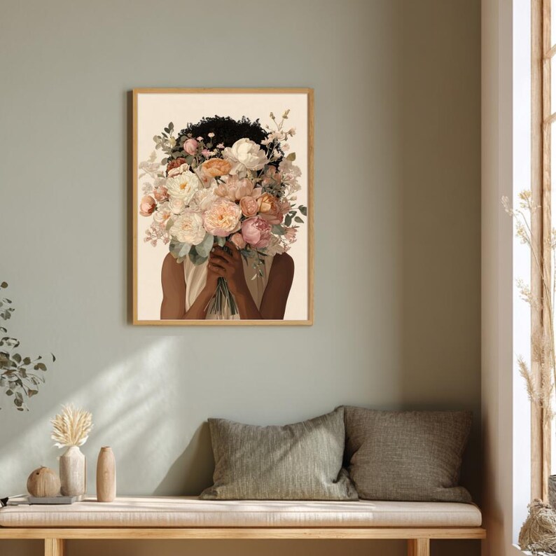 Blomtryck av svart kvinna, illustration med feminin bukett (digital nedladdning) bild 10