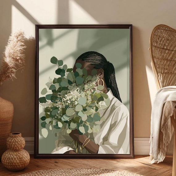 Black Woman Floral Wall Art, Eucalyptus Print, Soft Life Decor, Minimal Green Art, Modern Wellness Poster