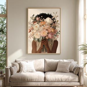 Blomtryck av svart kvinna, illustration med feminin bukett (digital nedladdning) bild 2
