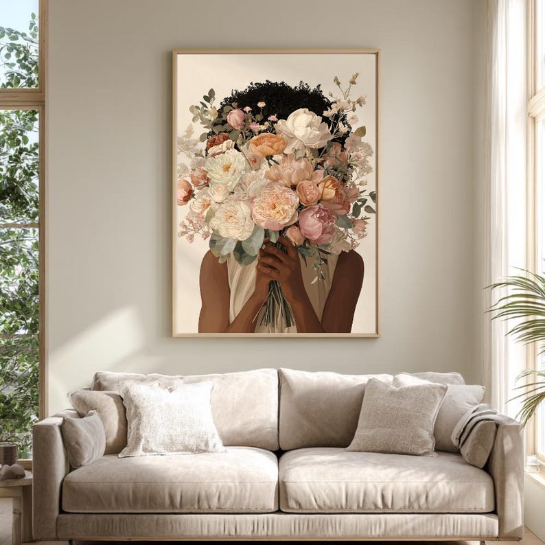 Blomtryck av svart kvinna, illustration med feminin bukett (digital nedladdning) bild 2