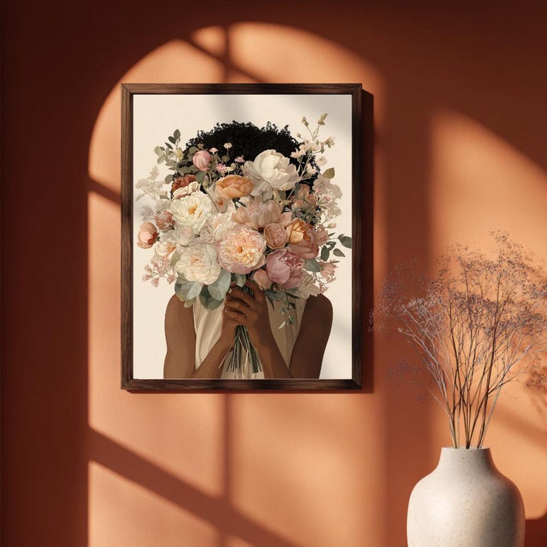 Blomtryck av svart kvinna, illustration med feminin bukett (digital nedladdning) bild 12