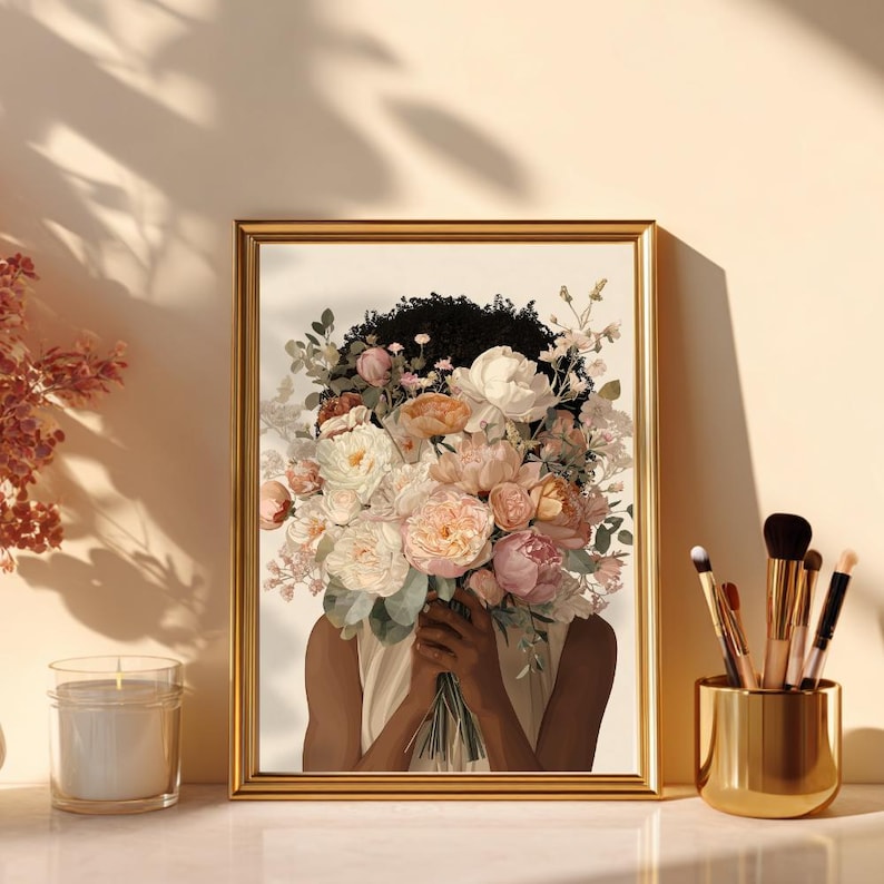 Blomtryck av svart kvinna, illustration med feminin bukett (digital nedladdning) bild 4