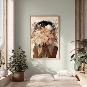 Blomtryck av svart kvinna, illustration med feminin bukett (digital nedladdning) bild 5