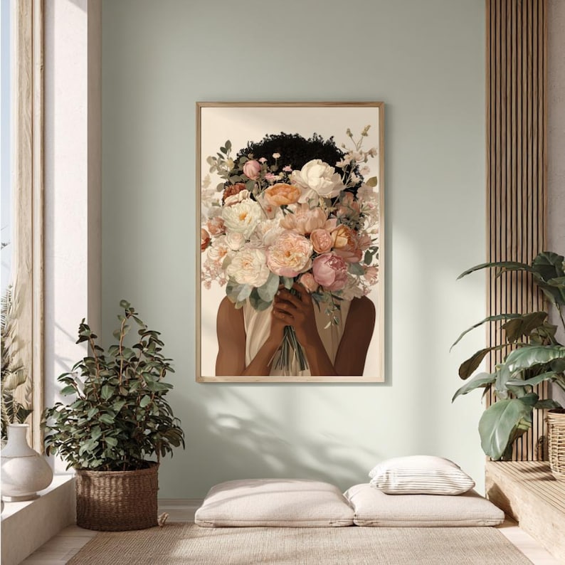 Blomtryck av svart kvinna, illustration med feminin bukett (digital nedladdning) bild 5