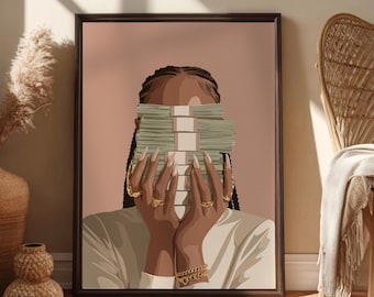Arte mural de mujer negra con dinero / Impresión digital de lujo / Póster moderno minimalista y glamuroso