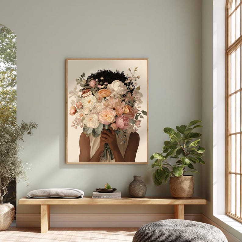 Blomtryck av svart kvinna, illustration med feminin bukett (digital nedladdning) bild 3
