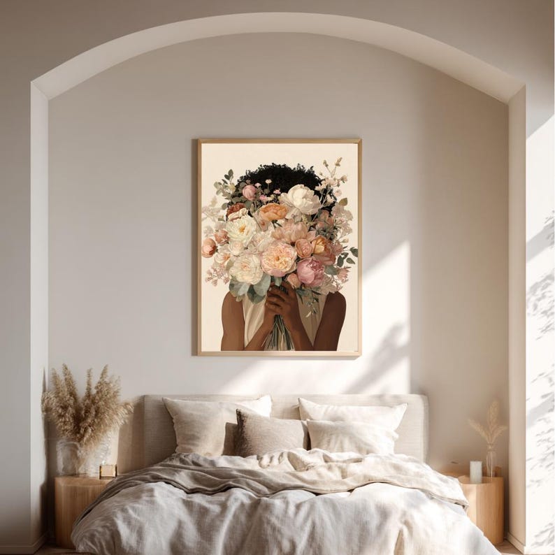 Blomtryck av svart kvinna, illustration med feminin bukett (digital nedladdning) bild 9