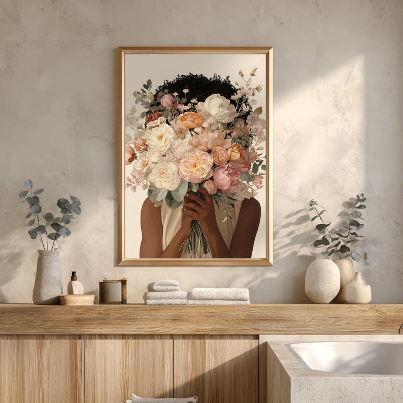 Blomtryck av svart kvinna, illustration med feminin bukett (digital nedladdning) bild 15
