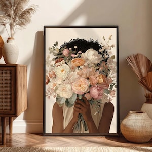 Blomtryck av svart kvinna, illustration med feminin bukett (digital nedladdning) bild 1