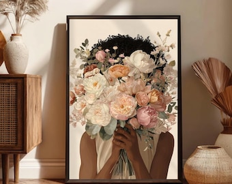 Black Woman Floral Art Print, Feminine Bouquet Illustration (Digital Download)