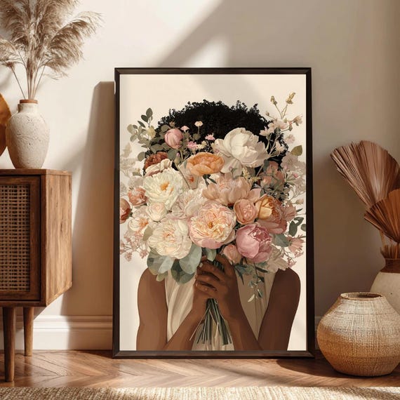 Black Woman Floral Wall Art, Mixed Bouquet Illustration, Soft Life Decor, Minimal Neutral Art, Modern Feminine Poster