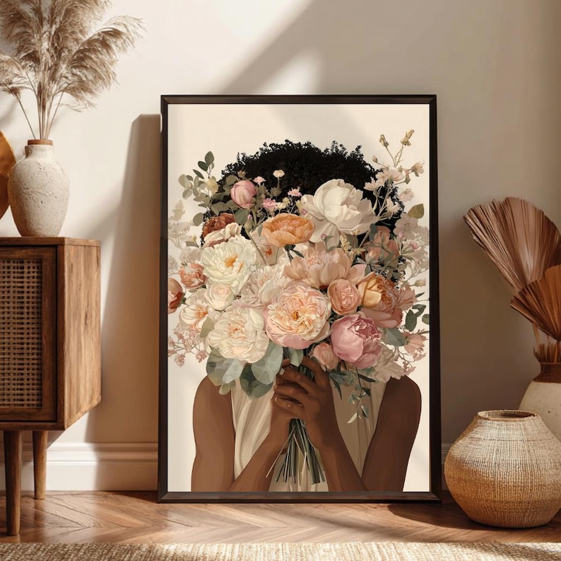 Blomtryck av svart kvinna, illustration med feminin bukett (digital nedladdning) bild 1