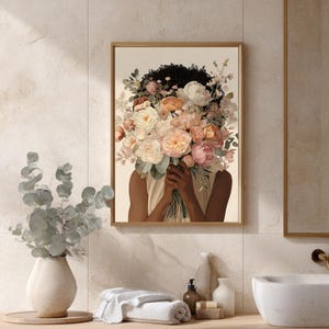 Blomtryck av svart kvinna, illustration med feminin bukett (digital nedladdning) bild 6