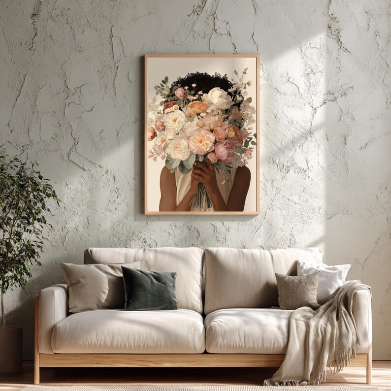 Blomtryck av svart kvinna, illustration med feminin bukett (digital nedladdning) bild 7