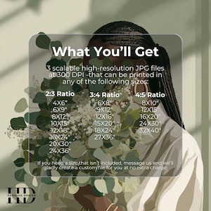 May include: Digital art print featuring a woman with dark hair and gold earrings, holding a bouquet of white flowers and green foliage. The image includes text detailing print sizes available in 2:3, 3:4, and 4:5 ratios.